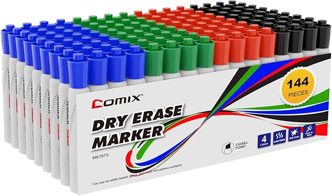 Comix Dry Erase Markers, 4 Assorted Colors, 4 Sets of 36 Markers, 144 Markers Total, Chisel Tip Whiteboard Makrers for Teachers Office & School Supplies