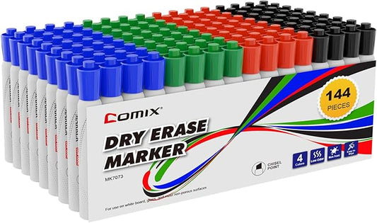 Comix Dry Erase Markers, 4 Assorted Colors, 4 Sets of 36 Markers, 144 Markers Total, Chisel Tip Whiteboard Makrers for Teachers Office & School Supplies
