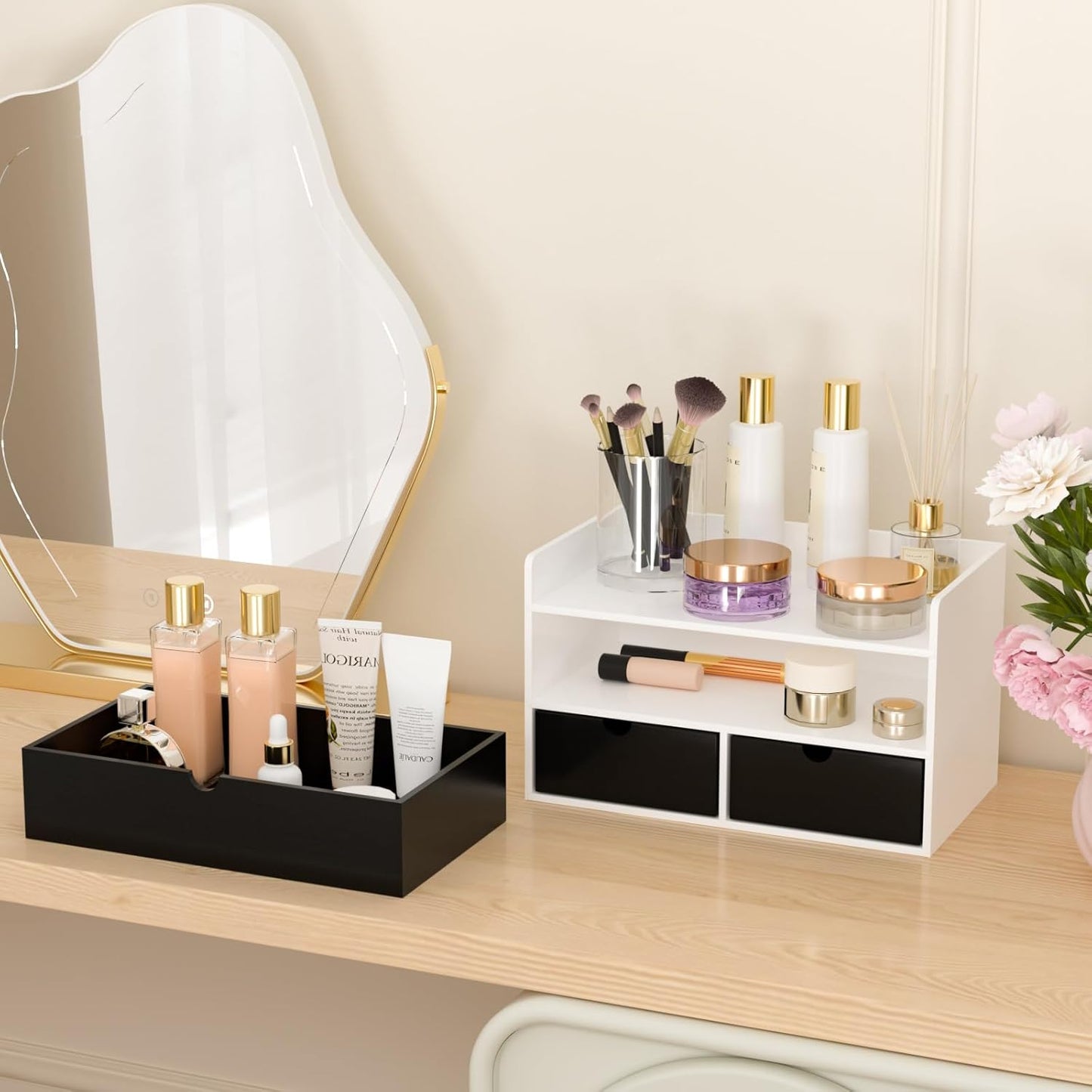 Wisuce Desk Organizer with Drawers - White-Black Bamboo Desktop Organizer Storage | Wood Desk Drawers Organizer for Bills, Office Supplies, Cosmetics, Seals No Assembled