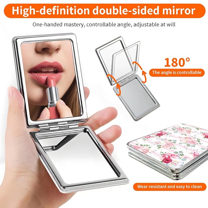 Compact Pocket Mirror, Cute Travel Mini Mirror with Magnification, Foldable Double-Sided Portable Cosmetic Mirror for Men, Women Stripe Pink Rose