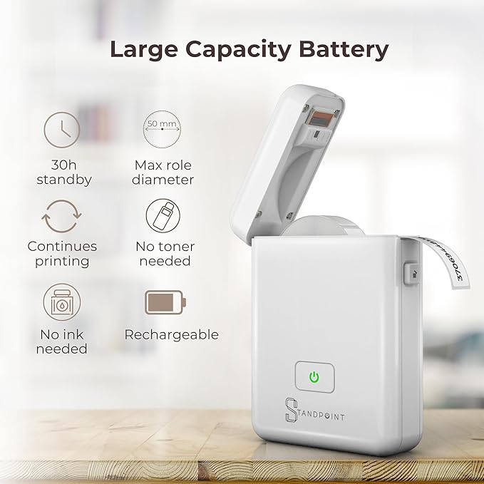 Standpoint Label Maker Machine with Tape: Portable Bluetooth Thermal Label Printer HP2 for Easy Organization - Wireless, Inkless, High-Resolution for Home and Office Supplies