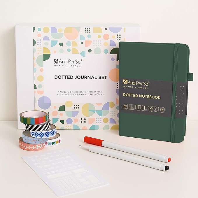 &And Per Se Dotted Journal Notebook Set, A5 Hardcover Dotted Journal (Green), 6 Fineliner Pens, 8 Sticker, 5 Stencil Sheets & 6 Washi Tapes, Journaling Supplies for Planner Schedule