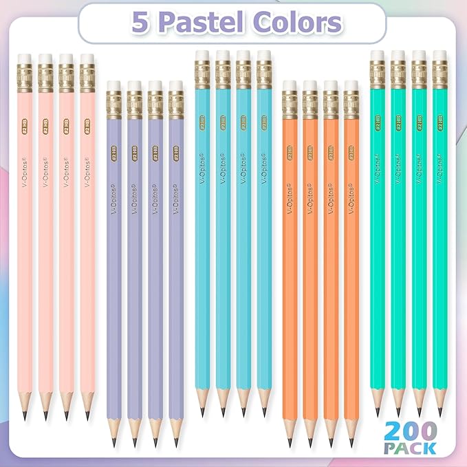 V-Opitos 200 Pack #2 HB Pencils, Bulk Wood-Cased Pre-Sharpened Pastel Color Pencils with Top Erasers, School Teacher Supplies, Writing, Drawing and Sketching