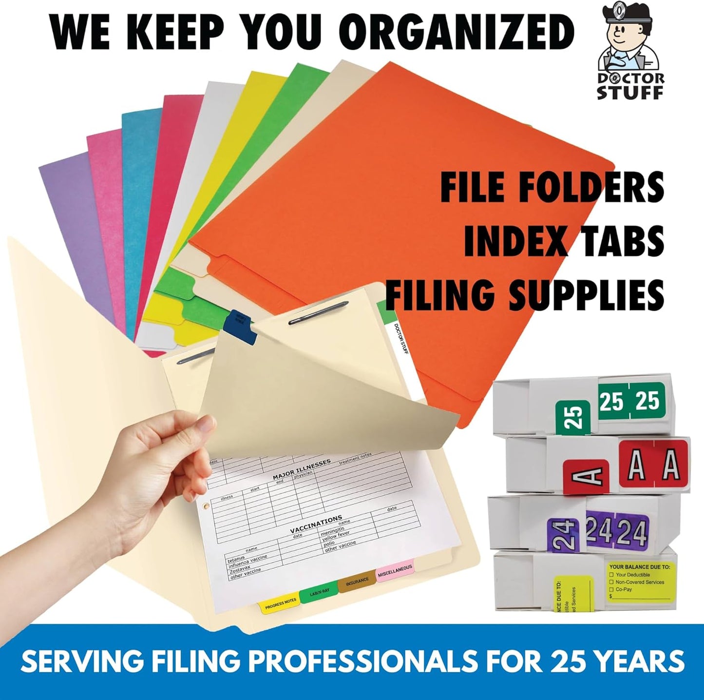 Doctor Stuff - File Folder Labels, Alphabet Letter, Complete Set A-Z Plus Alternate Green Mc, with Tray, Compatible with Smead BCCR/BCCS - TPAM Series, 1" x 1-1/4", 500/Roll