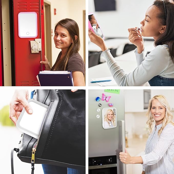 Sintuff 2 Pcs Light Up Locker Mirror Accessories Rectangular Magnetic Mirror for Locker, Bathroom, Household Refrigerator, Workshop Toolbox or Cabinet(Pink, White)