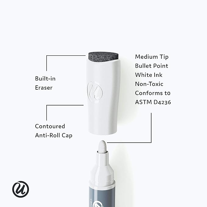 U Brands Fine Tip Liquid Glass Whiteboard Markers with Eraser for Glass Boards, Dry Erase Boards, and Chalk Boards, Assorted Bright Colors, Set of 12