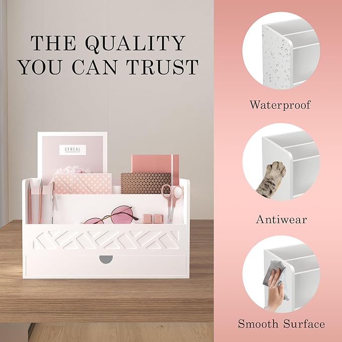 Wisuce Bamboo Mail Organizer Countertop Desktop with Drawer - Desk Organizer with File Organizer for Office Supplies All-in-One Desk File Organizer with Pencil Holder for Paper Letter Envelope Bill