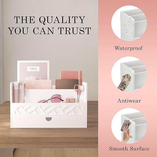 Wisuce Bamboo Mail Organizer Countertop Desktop with Drawer - Desk Organizer with File Organizer for Office Supplies All-in-One Desk File Organizer with Pencil Holder for Paper Letter Envelope Bill