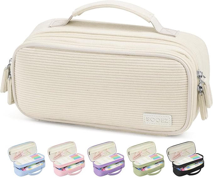 Sooez Large Pencil Case Pouch, Soft Corduroy Pencil Bag with Handle, Cute Pen Case, 5 Compartments, Wide Opening Pen Pouch Organizer with Zipper, Aesthetic School Supplies for Girls Women, Beige