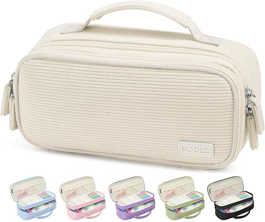Sooez Large Pencil Case Pouch, Soft Corduroy Pencil Bag with Handle, Cute Pen Case, 5 Compartments, Wide Opening Pen Pouch Organizer with Zipper, Aesthetic School Supplies for Girls Women, Beige
