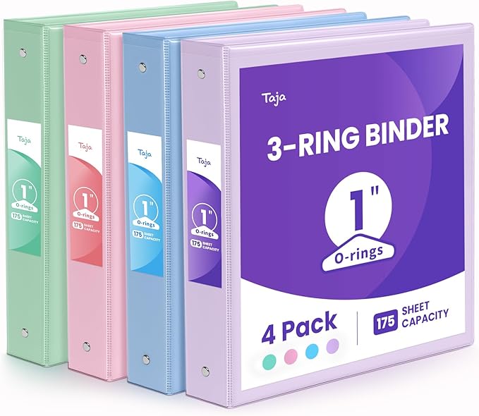 1 Inch Binders 3 Ring 4 Pack, PVC Free View Binder (Fits 8.5" x 11" Letter Size Papers), Perfect for School & Office Supplies, Pastel Colors