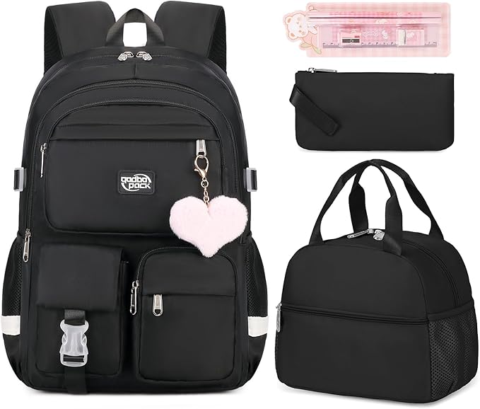 3PCS School Backpack For Student Women College Middle High Teen Girls Bookbag Waterproof Laptop Bag Black