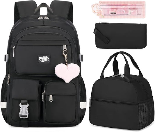 3PCS School Backpack For Student Women College Middle High Teen Girls Bookbag Waterproof Laptop Bag Black