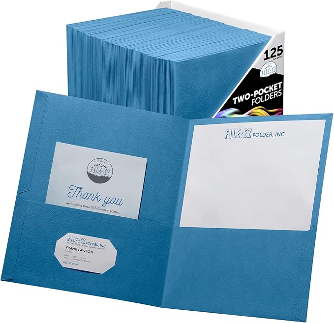 FILE-EZ Two-Pocket Folders, Light Blue, 125-Pack, Textured Paper, Letter Size (EZ-32420)
