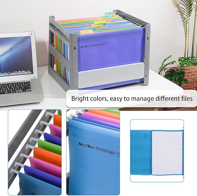 Merrynine Hanging File Folders Letter Size 24pcs, Polypropylene Filing Cabinet Folders Organizer with 1/5-Cut Tabs and Inserts, File Organizers for Office School Home Hospital, Assorted Colors