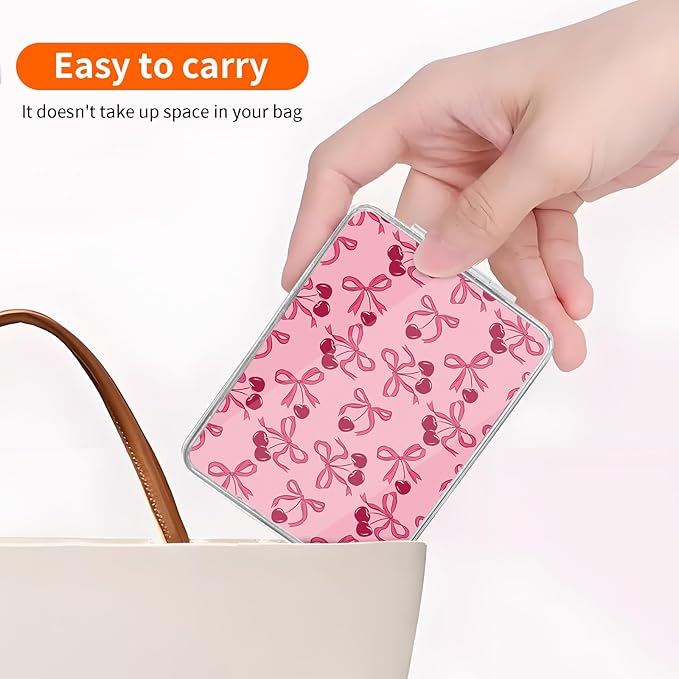 Compact Pocket Mirror, Cute Travel Mini Mirror with Magnification, Foldable Double-Sided Portable Cosmetic Mirror for Men, Women Pink Cherry Bow