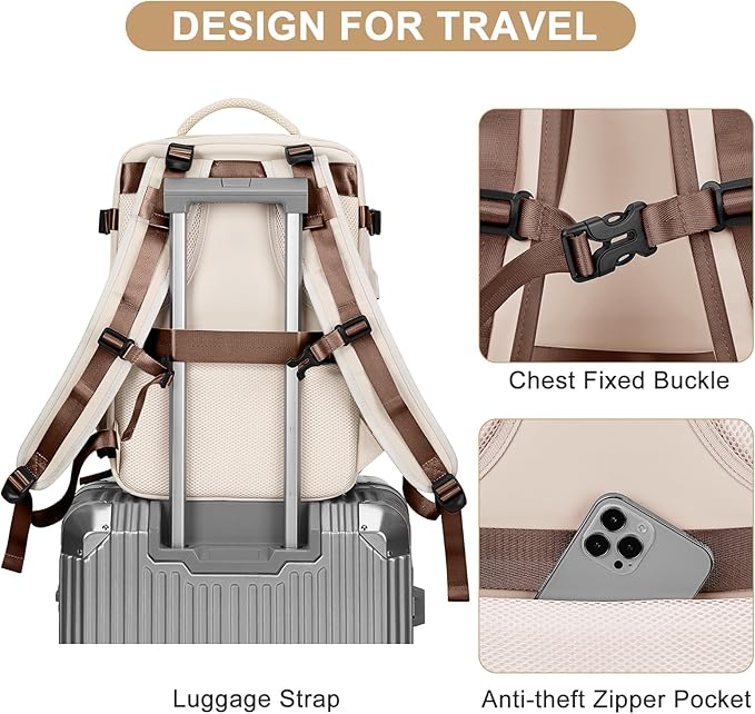 coofay Large Travel Backpack Carry on Flight Approved Mochila De Viaje Personal Item Travel Bag Backpacks for Men Women Carry on Backpack for Airplanes 18x14x8 Inches Travel Bag Beige with Brown