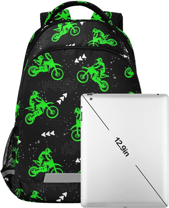 Green Motocross Backpack for Girls Kids Boys School Bookbags, Student Laptop Backpack Carrying Bag Casual Lightweight Travel Sports Day Packs