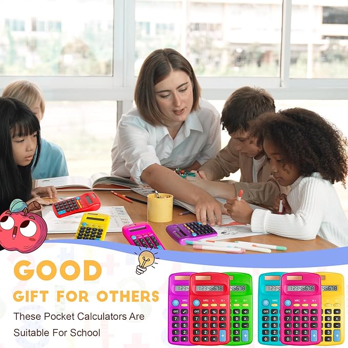12 Packs Pocket Size Mini Calculator Basic Calculators for Handheld Angled Students 8 Digit Display Solar Battery Dual Power Small Calculator for Students Kids Home Office (6Colors)