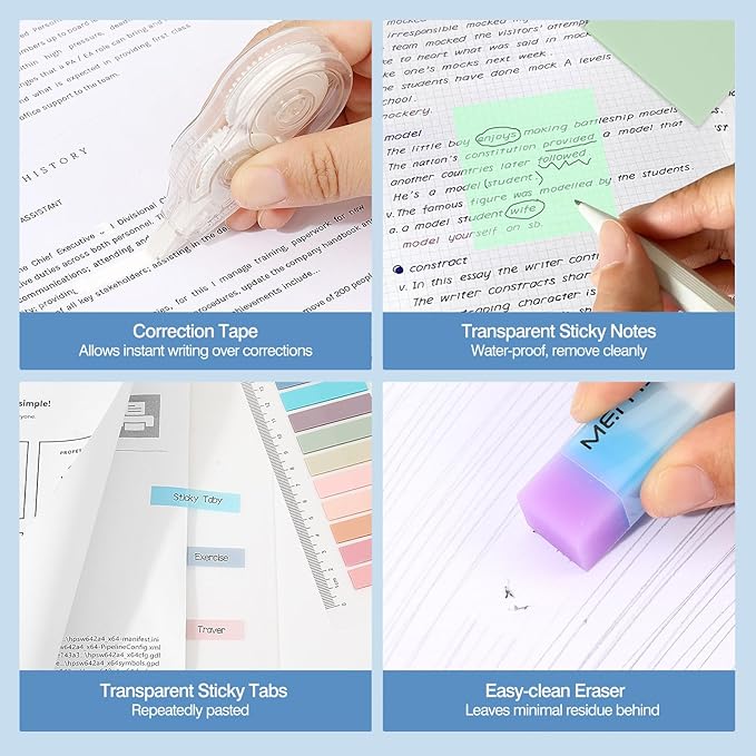 MoKo 60Pcs Aesthetic School Supplies with Cute Pencil Case, 12 Pastel Highlighters, 5 Black Ink Gel Pens, 6 Mechanical Pencil Set 0.5 & 0.7 mm for Students Stationary College Essentials, Blue