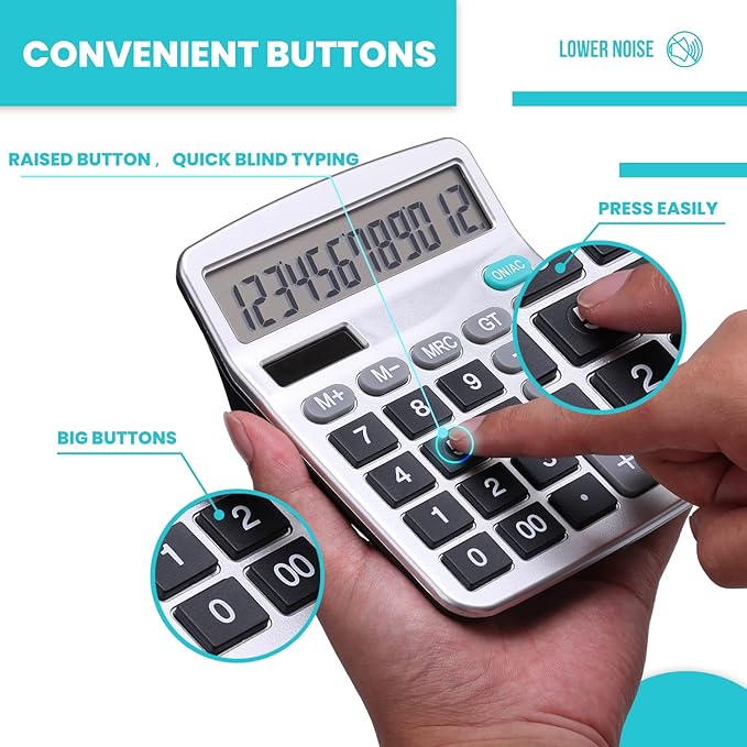 LICHAMP Desk Calculators with Big Buttons and Large Display, Office Desktop Calculator Basic 12 Digit with Solar Power and AA Battery (4 Packs Included), 4 Bulk Pack