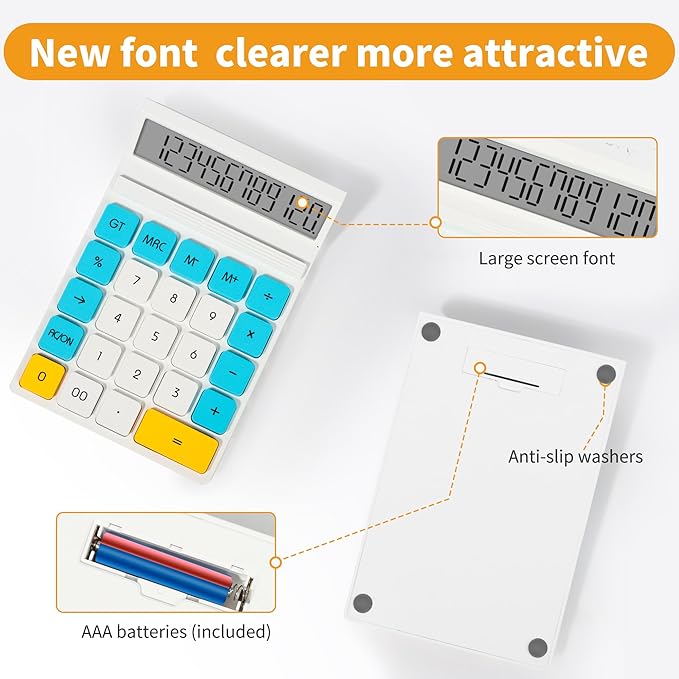 12 Digits Desktop Calculator with Large LCD Display and Sensitive Button, for Home, Office, School, Class and Business, 4 Function Basic Calculators for Desk