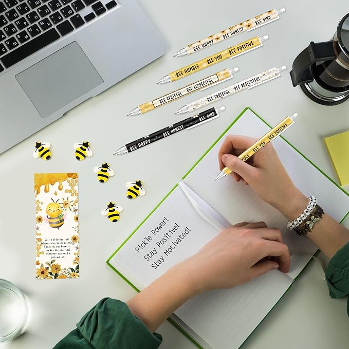 60 Sets Inspirational Bee Gifts Bulk 6 Styles 0.7 mm Motivational Mechanical Pencils with Erasers Positive Cards Back to School Gifts for Student Teacher Coworker Office Supplies