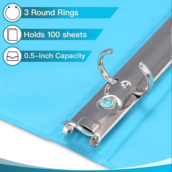 0.5-inch 3-Ring Binder with 2 Interior Pockets, 0.5'' Basic Binders Holds US Letter Size 8.5'' x 11''for Office/Home/Back to School, 6 Pack (Assorted 6 Colors)