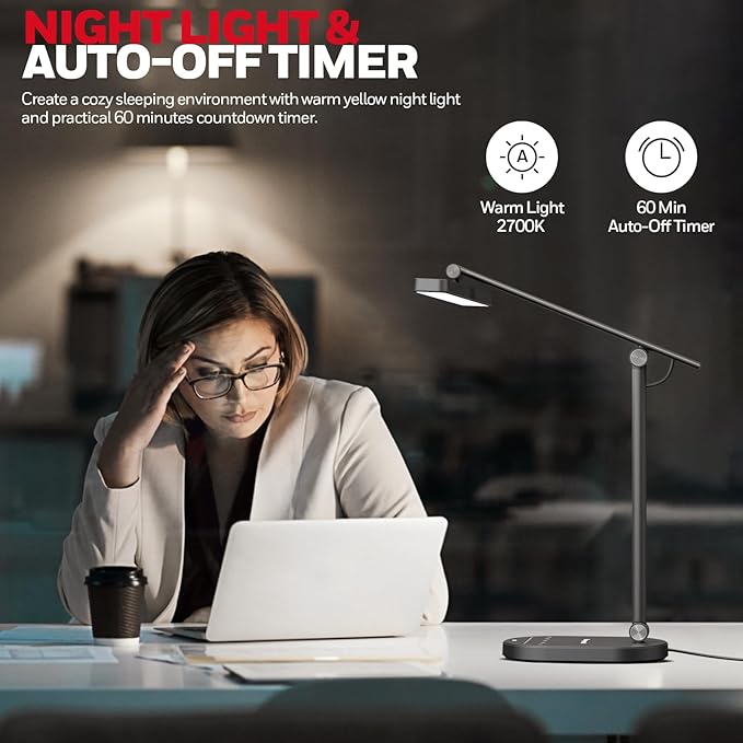 Honeywell Desk Lamp for Home Office, H4 Sunturalux™ Eye-Caring LED Desk Light, 700LM Dimmable Desk Lamp with Timer, Adjustable Desk Reading Light, Touch Auto Dimming Table Lamp for Study, Bedroom