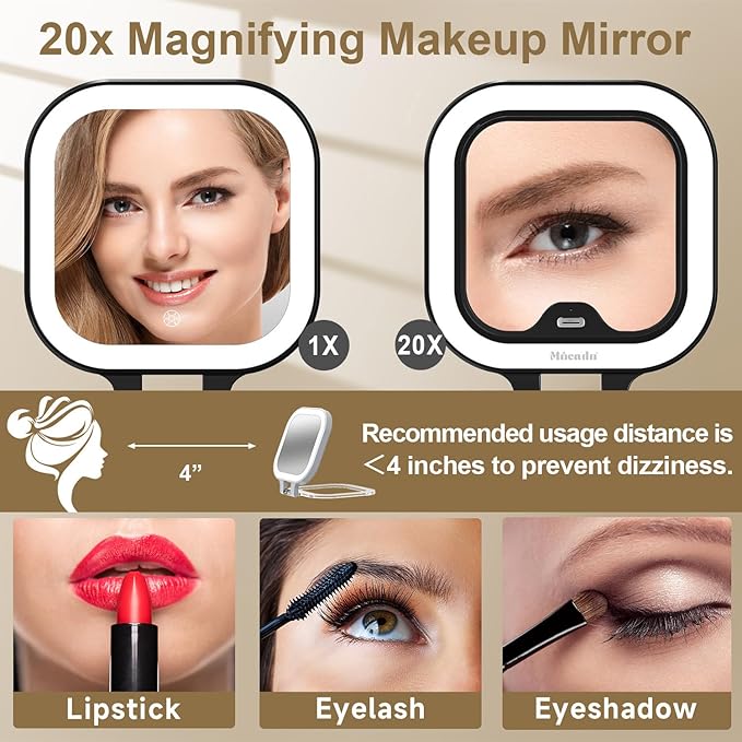 Mocado Compact Travel Makeup Mirror, 1X/20X Magnifying Mirror with Light, Double Sides Compact Mirror with 3 Color Light, Dimmable Handheld Mirror, Rechargeable Travel for Purse,Pocket(Black)