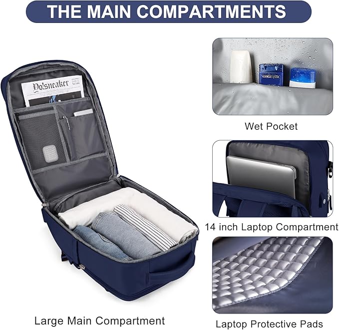 LargeTravel Backpack For Women Men Airline Approved Carry On Bags For Airplanes Underseat Luggage Backpack For Traveling On Airplane Personal Item Travel Bag For Airlines Travel Essentials Navy Blue