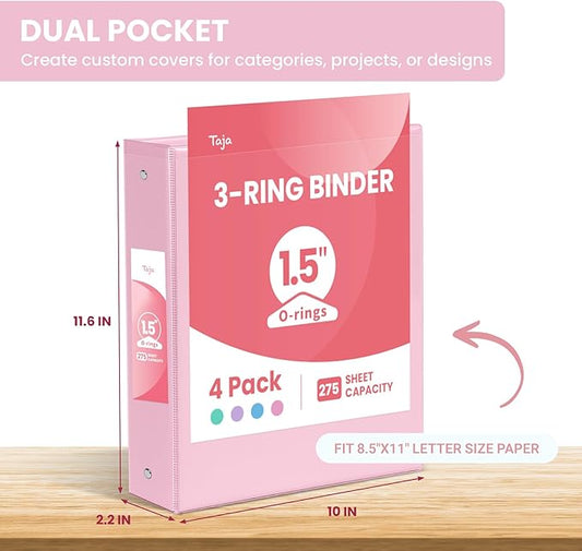 1.5 Inch Binders 3 Ring 4 Pack, PVC Free 1 1/2 View Binder (Fits 8.5" x 11" Letter Size Papers), Perfect for School & Office Supplies, Pastel Colors