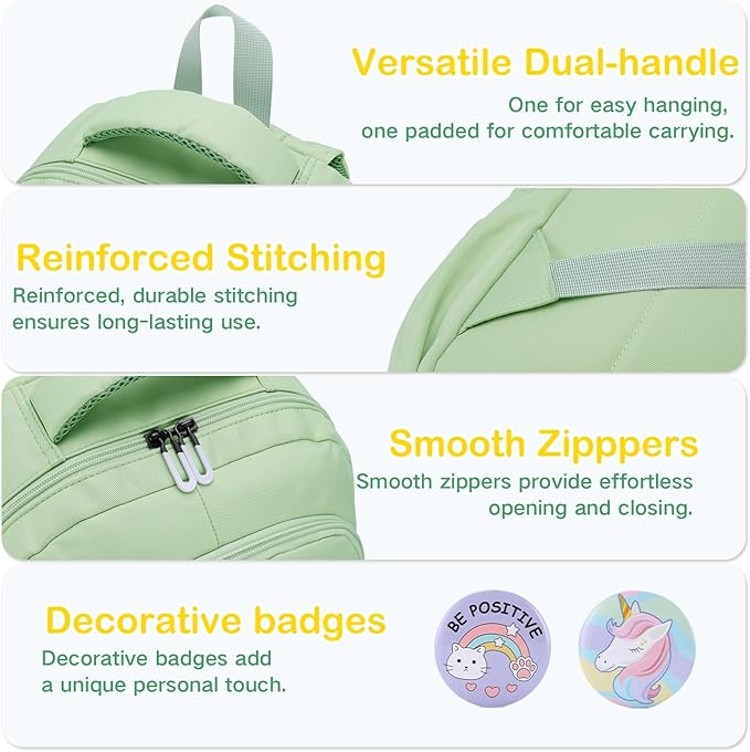 VASCHY Backpack for Girls, Cute School Bag Bookbag for Elementary Middle Schooler Teen Girls/Kids Travel with Clear Pin Pouch Green