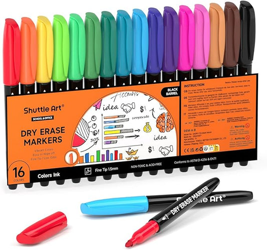 Shuttle Art Dry Erase Markers, 16 Colors Whiteboard Markers,Fine Tip Dry Erase Markers for Kids,Perfect For Writing on Whiteboards, Dry-Erase Boards,Mirrors,Calender, School Office Supplies