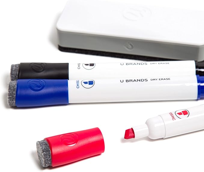 U Brands Fine Tip Dry Erase Markers with Eraser Set of 5, Includes 3 Whiteboard Markers, 1 Eraser, and 1 Board Cleaner Spray