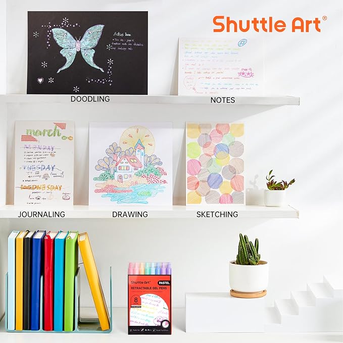 Shuttle Art Colored Retractable Gel Pens, 8 Pastel Ink Colors, Cute Pens 0.7mm Fine Point Quick Drying for Black Paper Writing Drawing Journaling Note Taking School Office Home