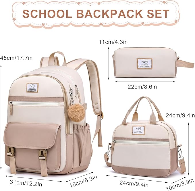 MOMUVO School Backpack Set for Girls,3pcs Bookbag with Lunch Box Pencil Case Kids School Bag Set