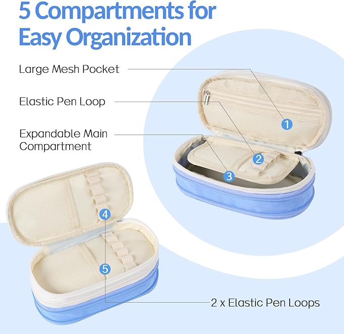 Sooez Large Pencil Case, Expandable Pencil Bag with 5 Compartments, Big Capacity Canvas Pencil Pouch Organizer with Zipper, Portable Stationery Pen Bag, Cute Aesthetic School Supplies For Teen Girls