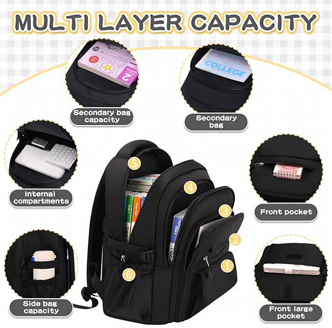 Cute Backpack for School Teen Girls Black Bookbag Aesthetic Womens Travel Book Bags for School Kids Student Back Packs