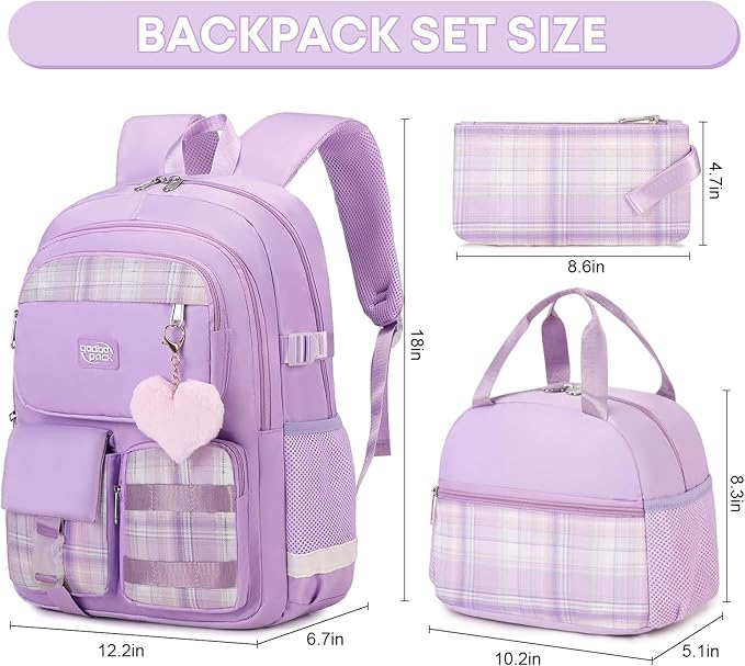 3PCS Student Backpack For School Women College Middle High Teen Girls Bookbag Waterproof Laptop Bag Plaid Purple