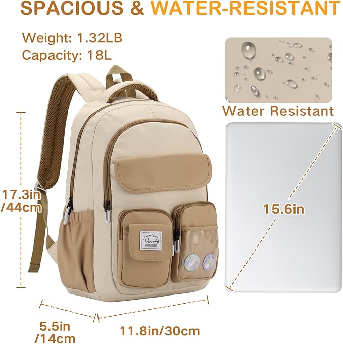 VASCHY Backpack for Girls, Cute School Bag Bookbag for Elementary Middle Schooler Teen Girls/Kids Travel with Clear Pin Pouch Khaki