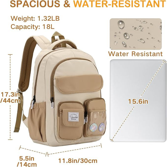 VASCHY Backpack for Girls, Cute School Bag Bookbag for Elementary Middle Schooler Teen Girls/Kids Travel with Clear Pin Pouch Khaki