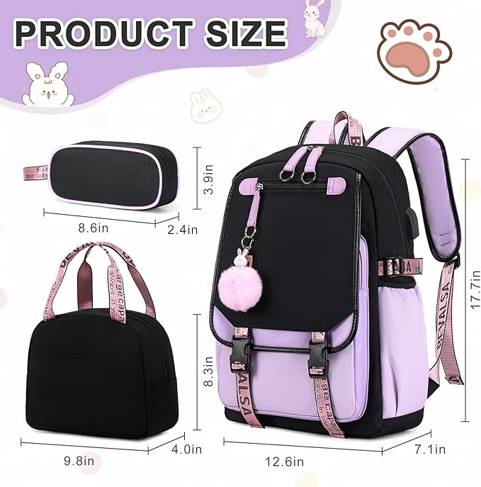 Bevalsa Backpack with Lunch Bag Bookbag Set for Girls Kids Middle High School College Student 21L Casual Daypack Children Schoolbag Bookbag with USB Charging Port (Purple)