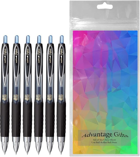 Signo 207 Roller Ball Retractable Gel Pens, Ultra Micro Point (0.38mm), Blue Ink, 6 Count, Bundle with Plastic Reusable Pouch