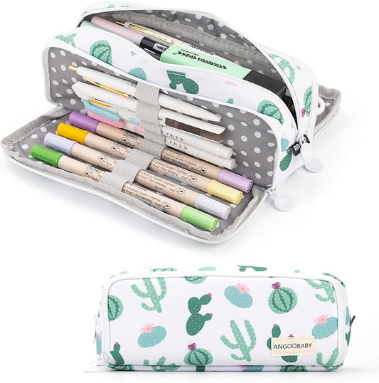 ANGOOBABY Large Pencil Case Big Capacity 3 Compartments Canvas Pencil Pouch for Teen Boys Girls School Students (Green Cactus)