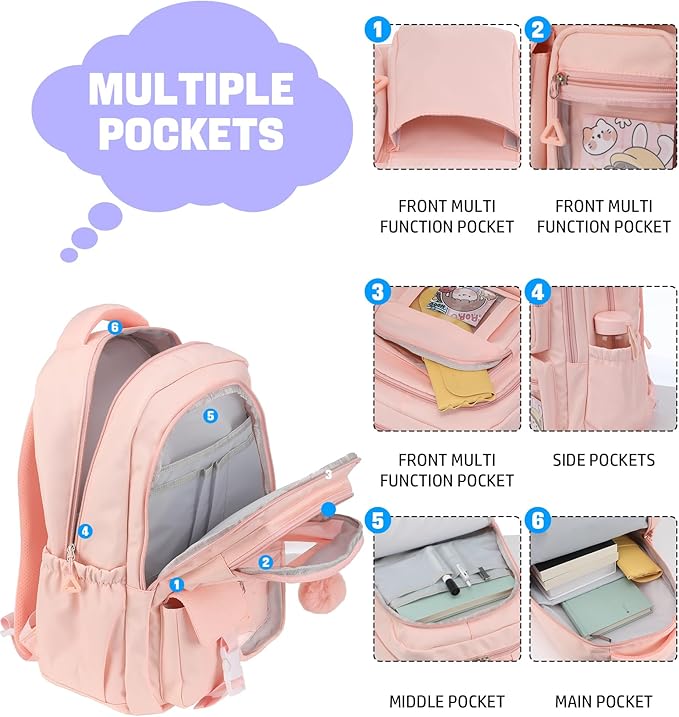 School Backpack for Girls, 15.6 Inch Laptop Bags for Middle School Students-Kindergarten Elementary College Backpacks,Large Backpack for Teen Girl Students Casual Travel Daypacks-Pink