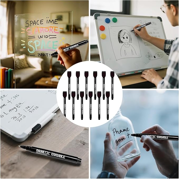 12 Pack Black Magnetic Dry Erase Markers, 0.5mm Fine Tip with Built-in Eraser, Smooth Ink Flow, Suitable for Teachers Designers Offices Home