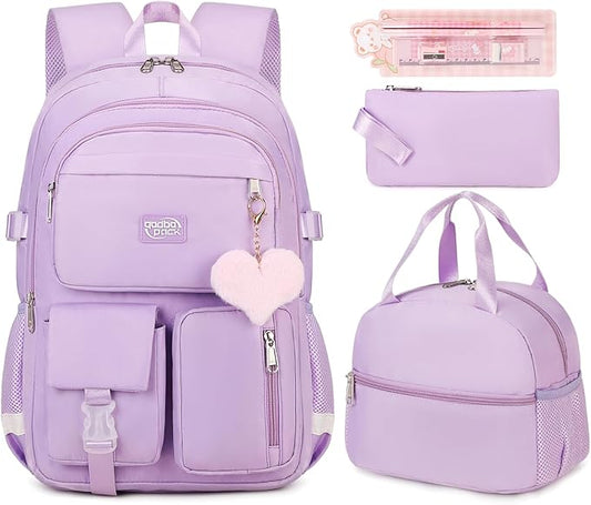 3PCS Backpack For School Women College Middle High Teen Girls Student Bookbag Waterproof Laptop Bag Purple