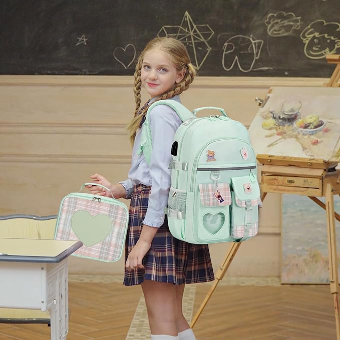 Backpack for Girls - Bookbag Backpacks Schoolbag for Girls Kids Teen Women Casual Travel Daypacks - School Bag Elementary Middle School College Cute Backpack with Lunch Box (Green)