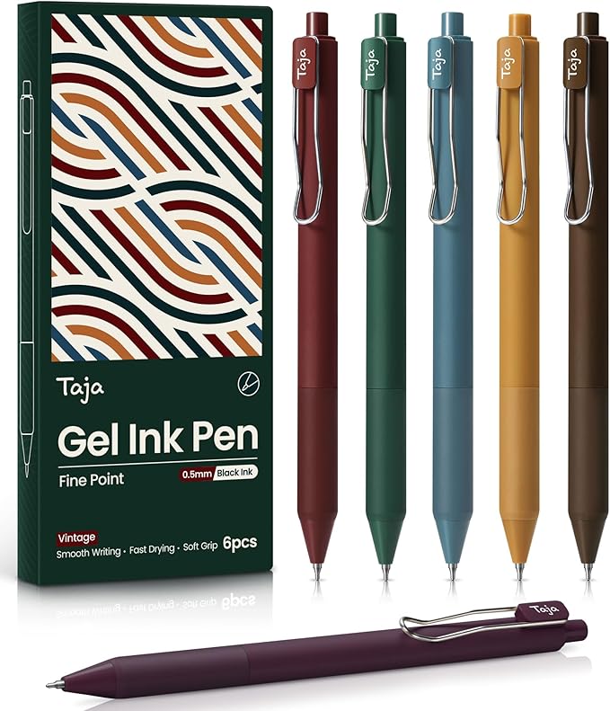 Taja Gel Pens, 6pcs 0.5mm Fine Point Smooth Writing Pens, Quick Dry Black Ink, Unisex, Adult, Vintage Style, Perfect for Writing, Note Taking, Everyday Use